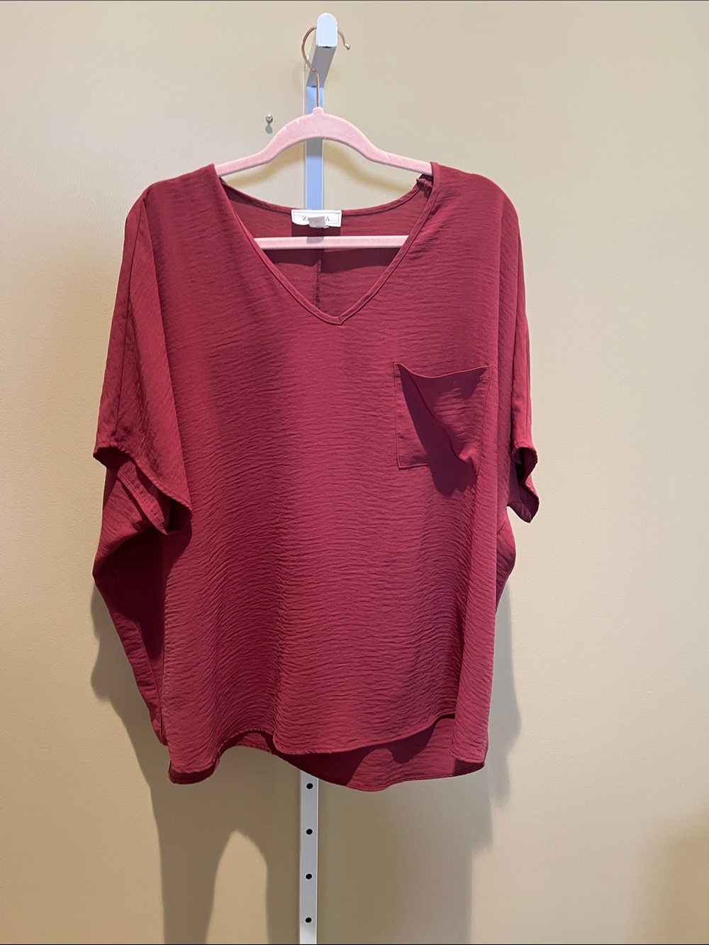Zenana Outfitters Wine V-Neck Short Sleeve Pocket Blouse